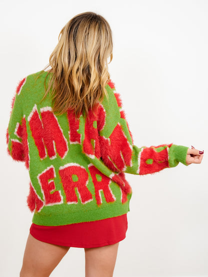 Merry Holiday Pattern Mohair Long Sleeve Sweater