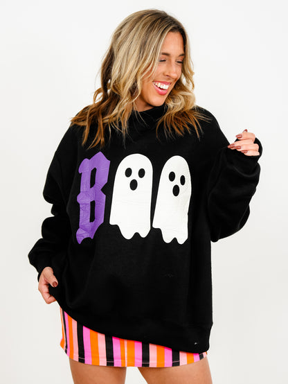 Long Sleeve Mock Neck Reversible "BOO" Halloween Graphic Sweatshirt - Freckled Poppy