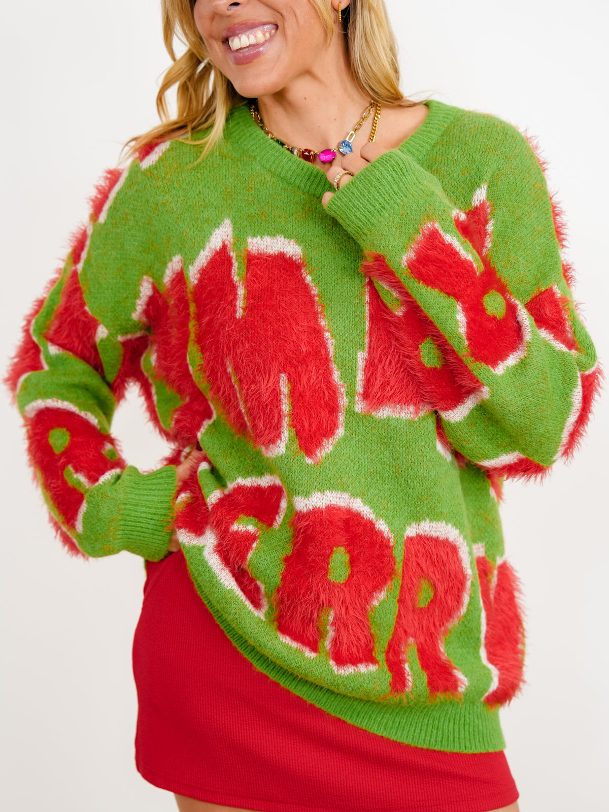 Merry Holiday Pattern Mohair Long Sleeve Sweater