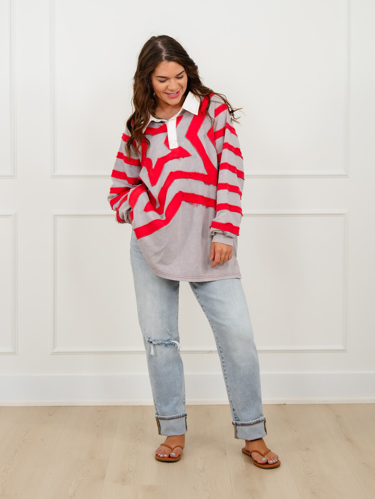 Star Pattern Long Sleeve Collared Top with Side Pockets - Freckled Poppy