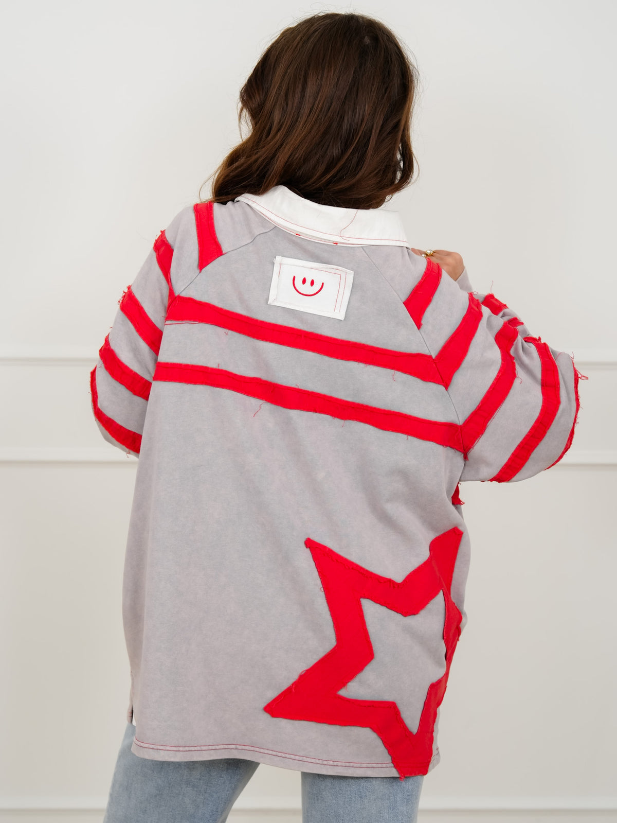 Star Pattern Long Sleeve Collared Top with Side Pockets - Freckled Poppy