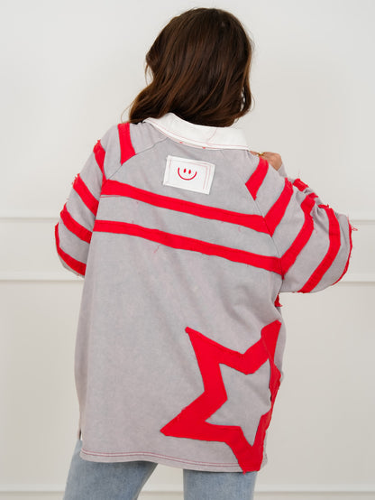 Star Pattern Long Sleeve Collared Top with Side Pockets - Freckled Poppy
