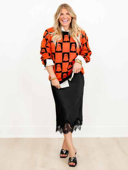 Checkered Ghost Long Sleeve Pullover Sweater - Freckled Poppy