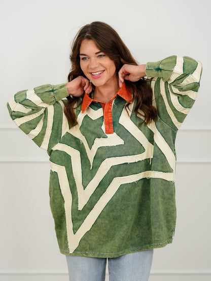 Star Pattern Long Sleeve Collared Top with Side Pockets - Freckled Poppy