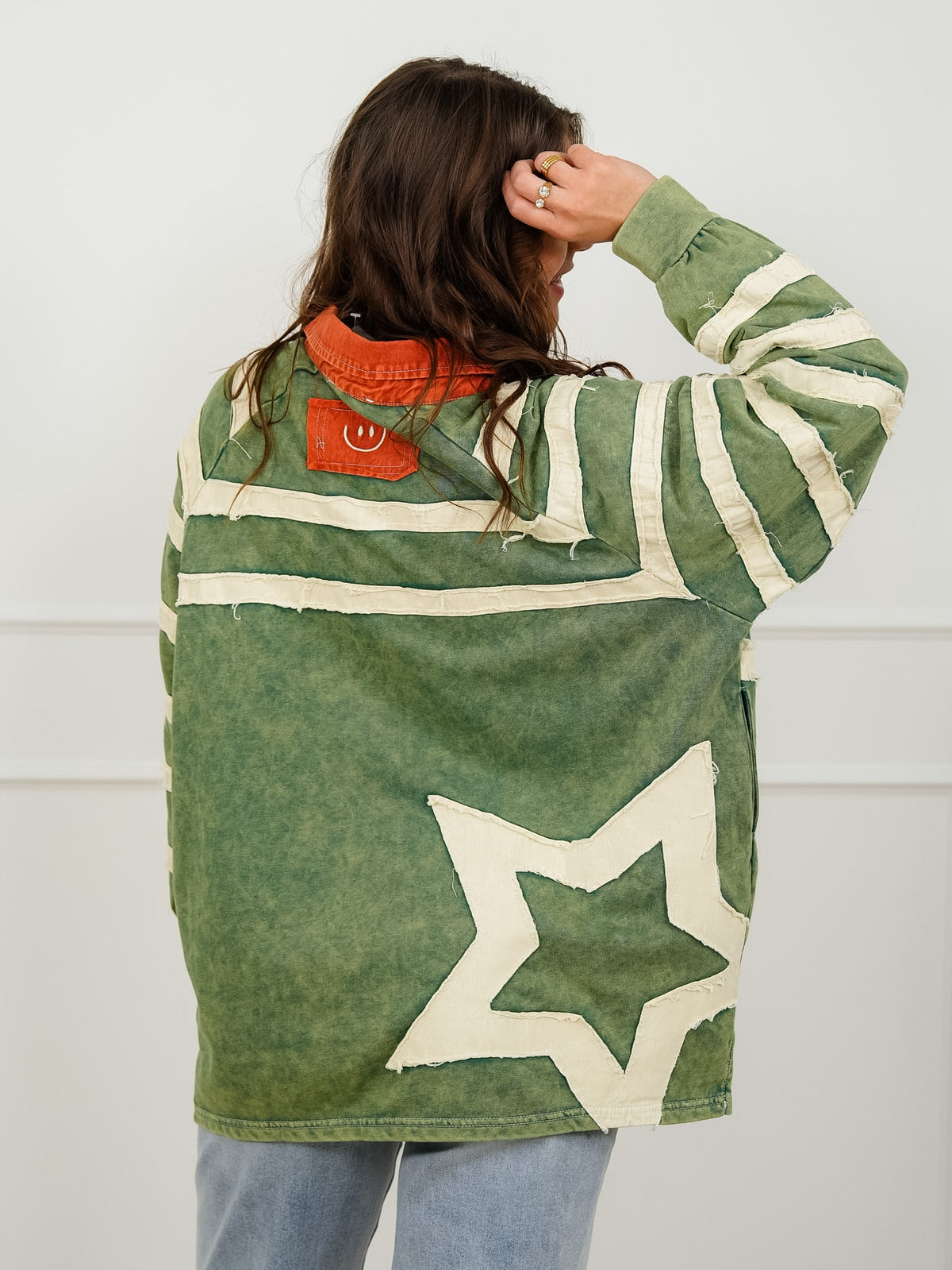 Star Pattern Long Sleeve Collared Top with Side Pockets - Freckled Poppy