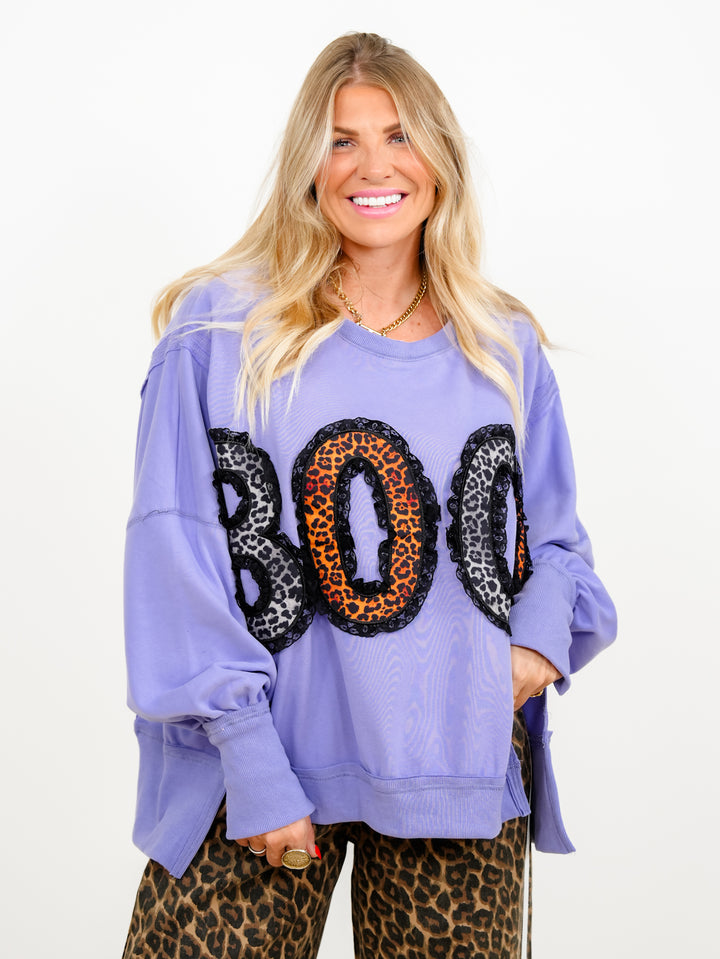 Leopard Print "Boo" Patch with Lace Detail Long Sleeve Sweatshirt - Freckled Poppy