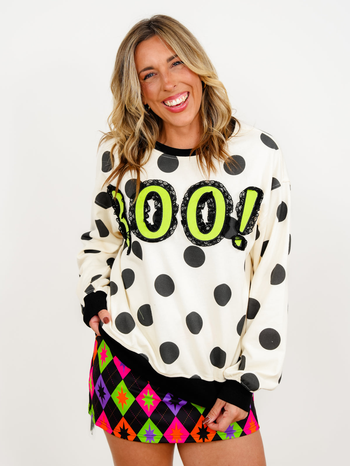 Lace Trim "Boo" Polka Dot Long Sleeve Sweatshirt - Freckled Poppy