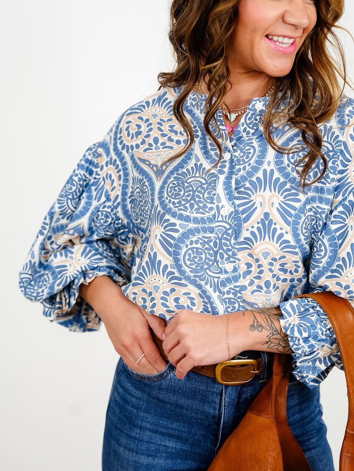 Jacquard Print Balloon Sleeve Button Down Top - Freckled Poppy