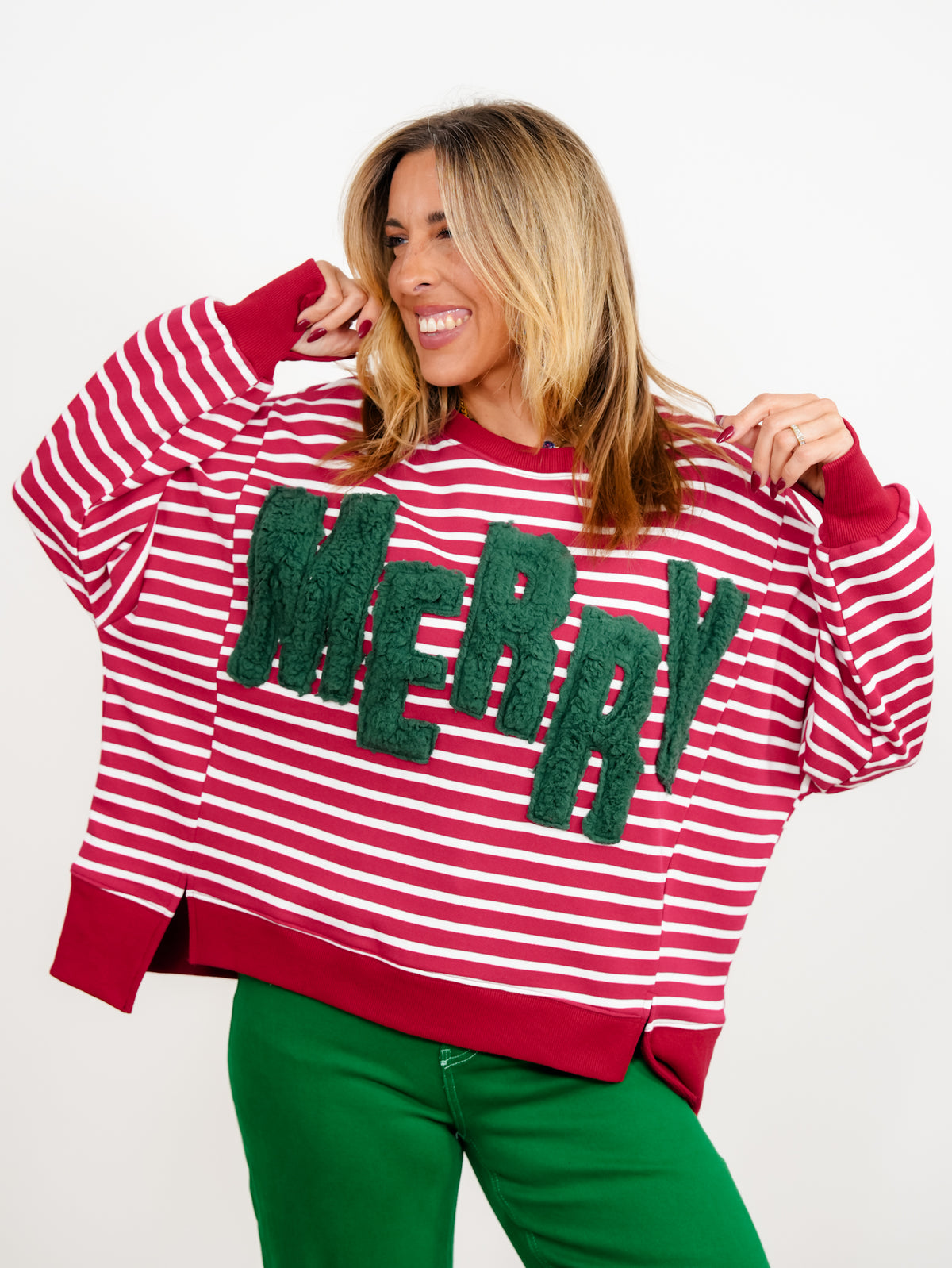 Plus/Reg Merry Sherpa Applique Striped Dolman Sleeve Pullover - Freckled Poppy
