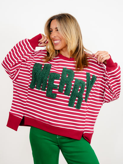 Plus/Reg Merry Sherpa Applique Striped Dolman Sleeve Pullover - Freckled Poppy