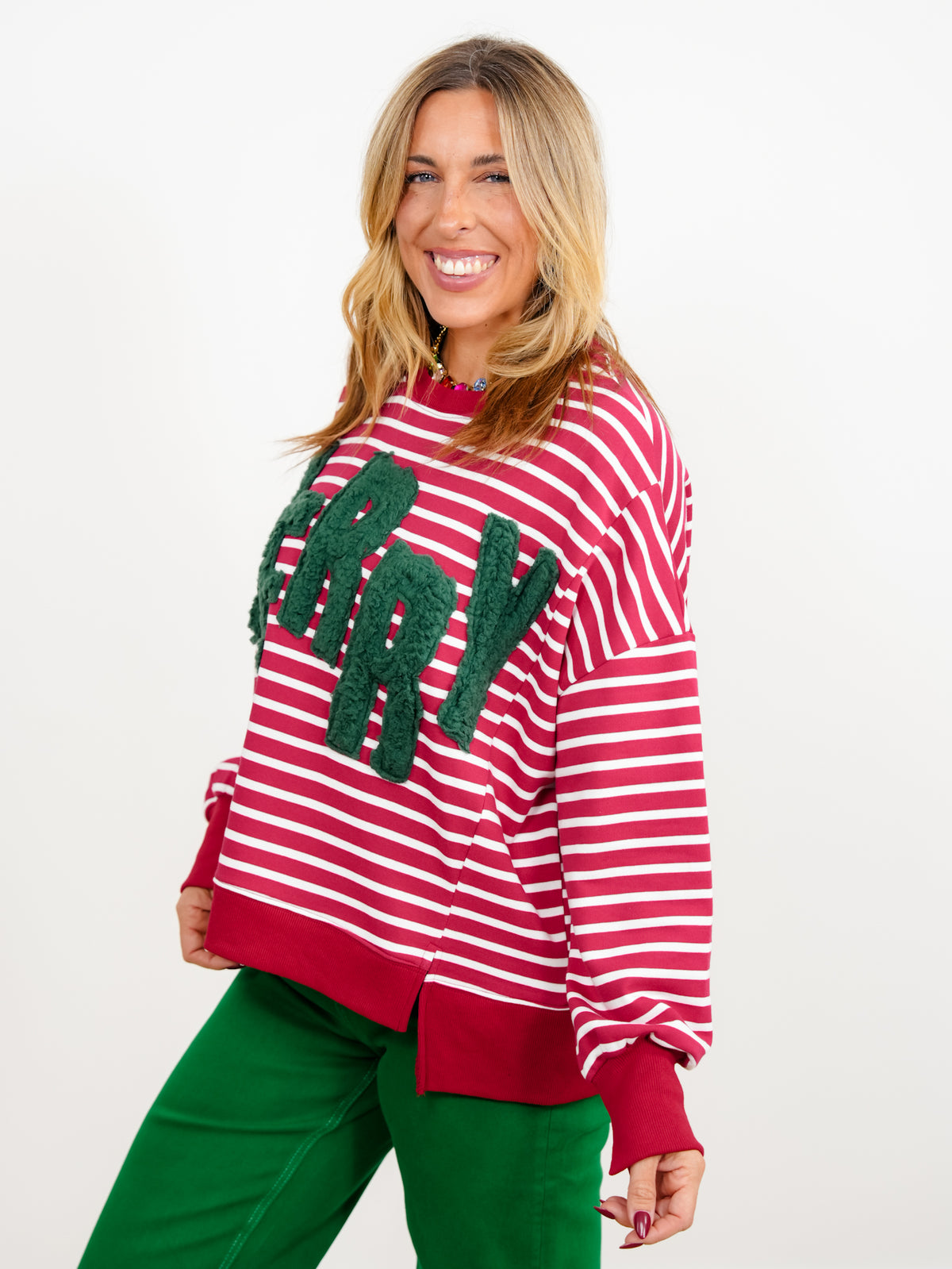 Plus/Reg Merry Sherpa Applique Striped Dolman Sleeve Pullover - Freckled Poppy