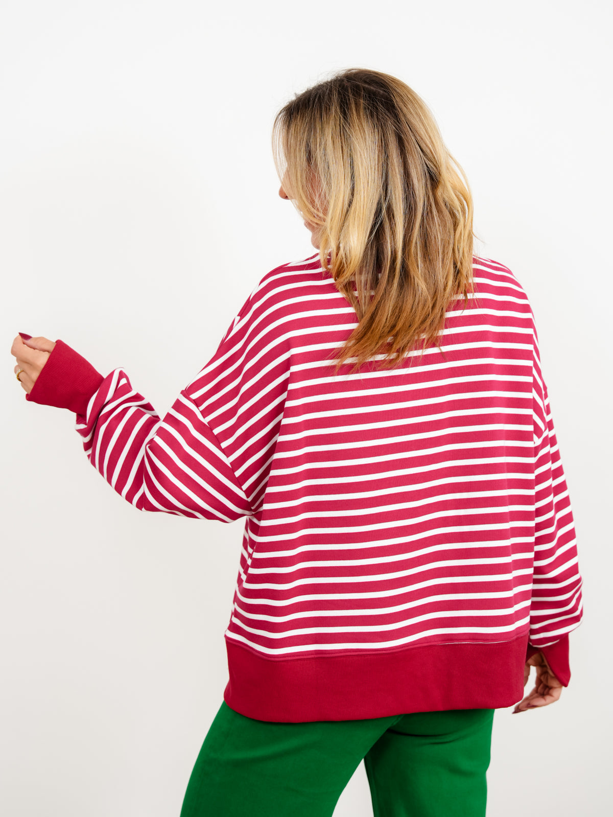 Plus/Reg Merry Sherpa Applique Striped Dolman Sleeve Pullover - Freckled Poppy