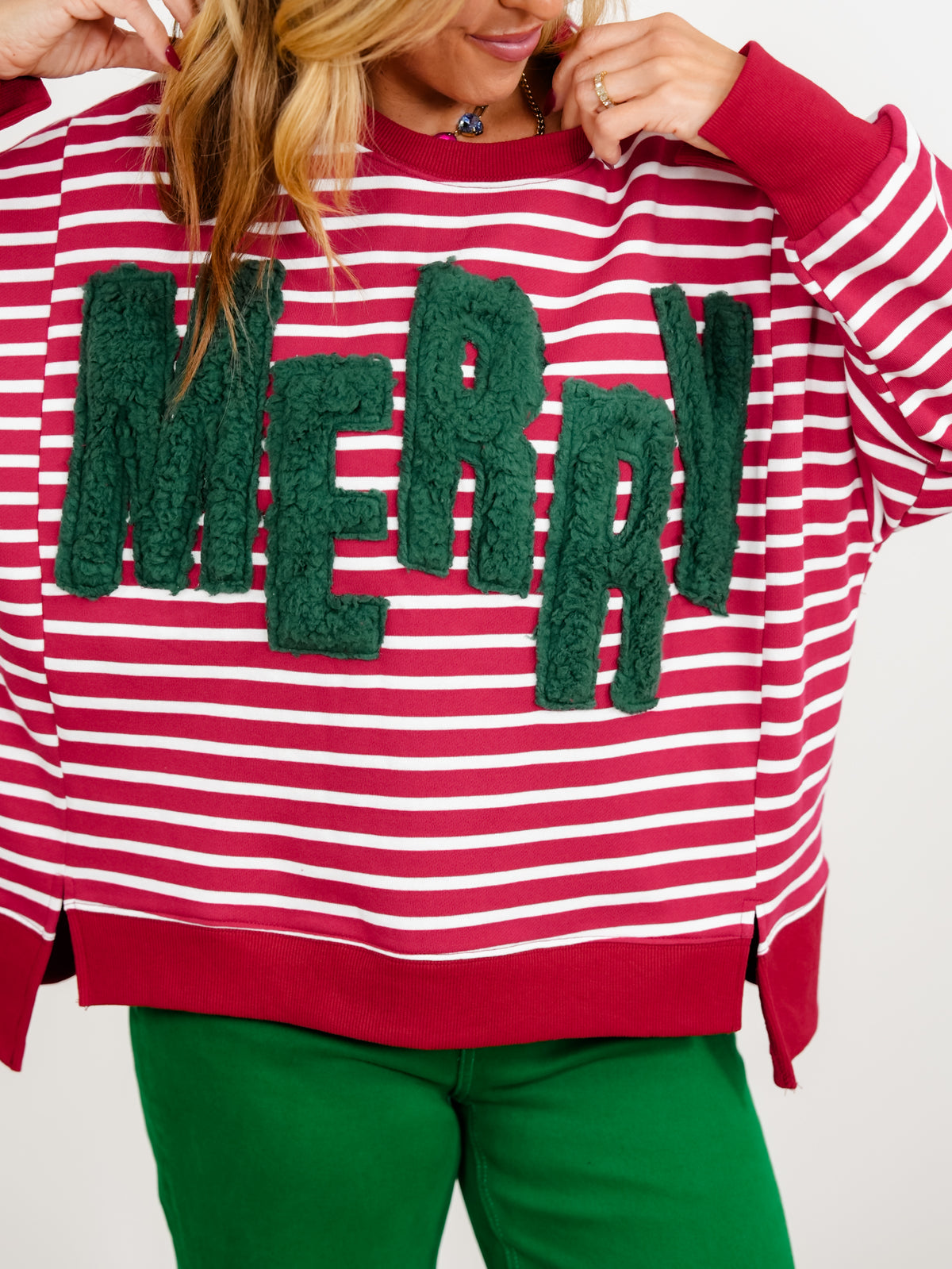 Plus/Reg Merry Sherpa Applique Striped Dolman Sleeve Pullover - Freckled Poppy