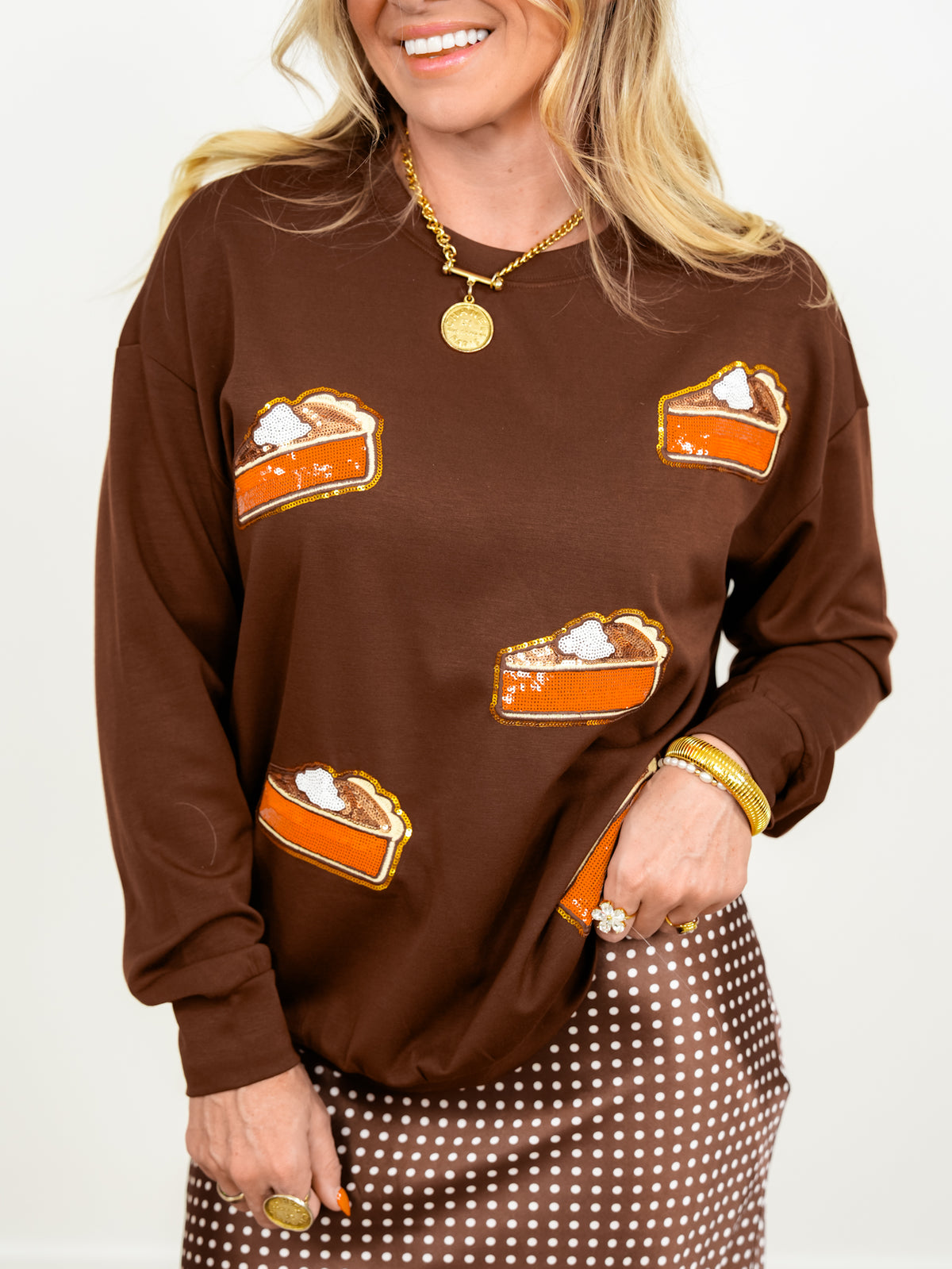 Plus/Reg Long Sleeve Sequin Pumpkin Pie Patch Pullover Sweatshirt - Freckled Poppy
