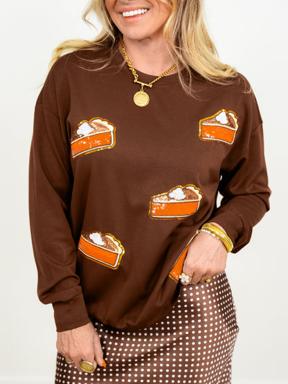 Plus/Reg Long Sleeve Sequin Pumpkin Pie Patch Pullover Sweatshirt - Freckled Poppy