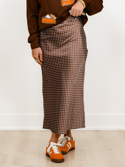 Plus/Reg Satin Polka Dot Midi Skirt with Side Zipper - Freckled Poppy