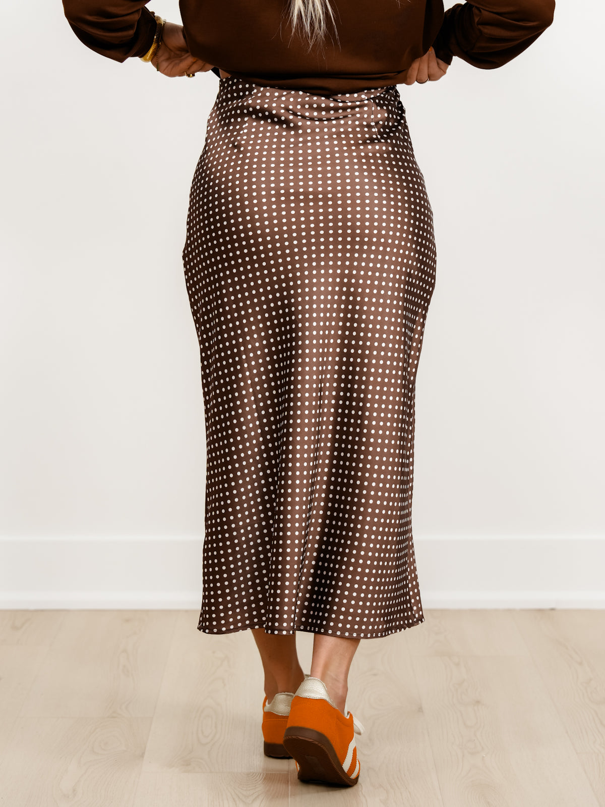 Plus/Reg Satin Polka Dot Midi Skirt with Side Zipper - Freckled Poppy