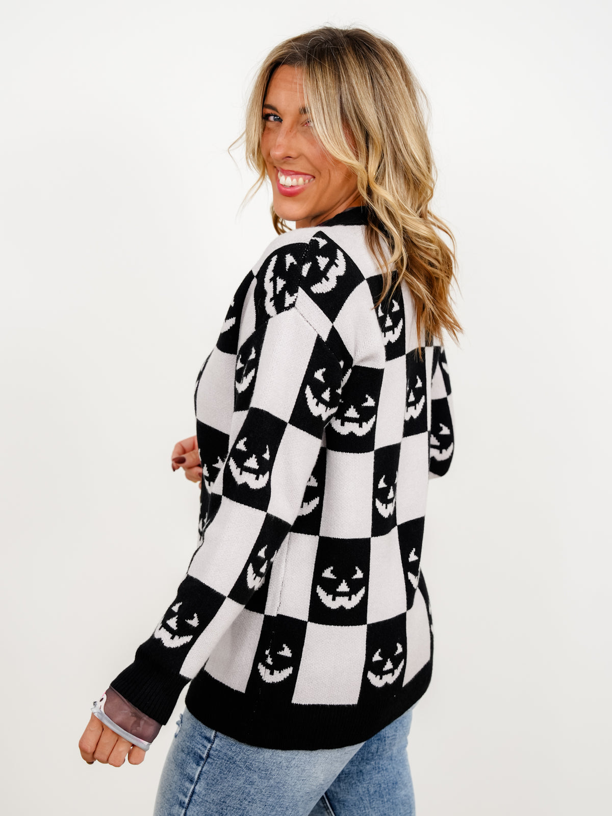 Halloween Jack-O-Lantern Checkered Button Down Sweater Cardigan - Freckled Poppy