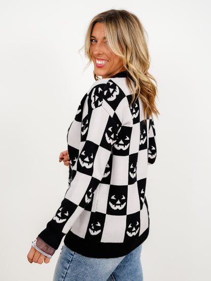 Halloween Jack-O-Lantern Checkered Button Down Sweater Cardigan - Freckled Poppy