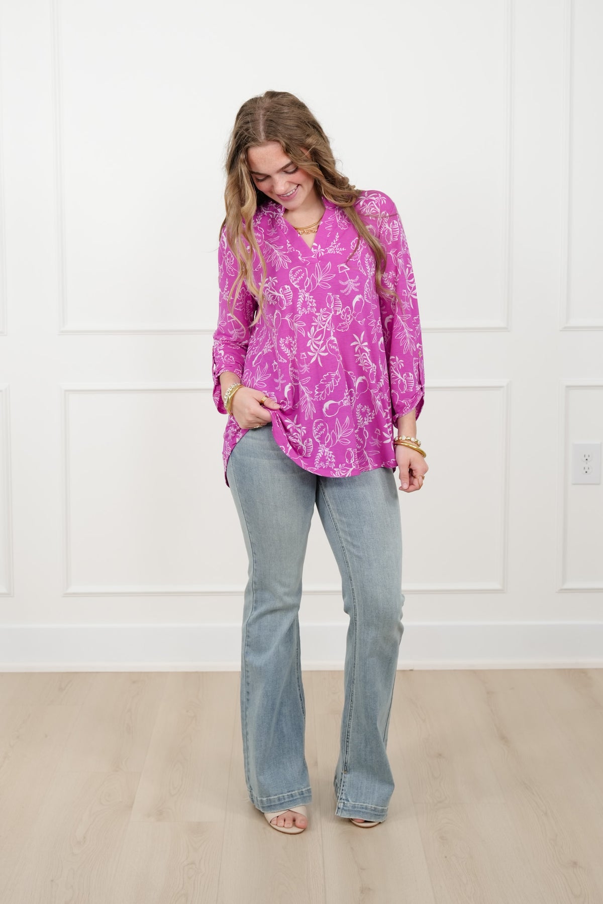 Plus/Reg Botanical print 3/4 Sleeve Tunic Top - Freckled Poppy