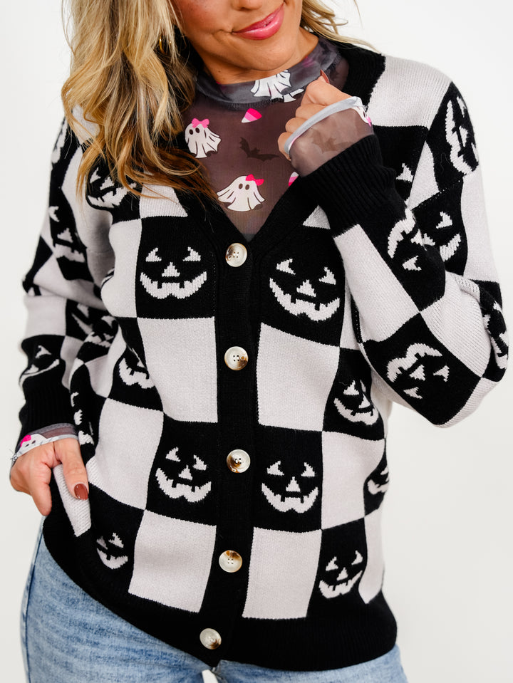Halloween Jack-O-Lantern Checkered Button Down Sweater Cardigan - Freckled Poppy