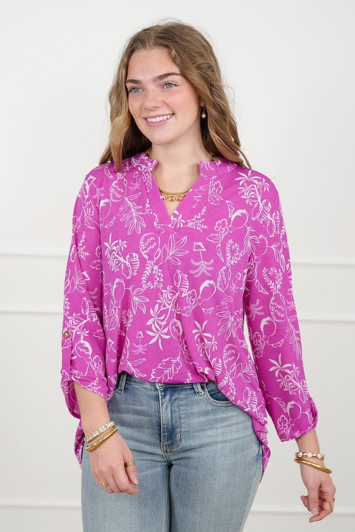Plus/Reg Botanical print 3/4 Sleeve Tunic Top - Freckled Poppy