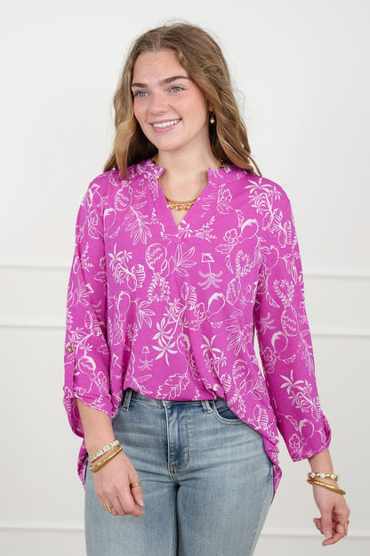 Plus/Reg Botanical print 3/4 Sleeve Tunic Top - Freckled Poppy