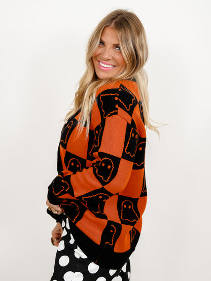 Halloween Ghost Checkered Button Down Sweater Cardigan - Freckled Poppy