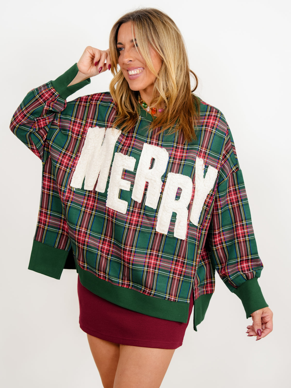 Plus/Reg Merry Sherpa Applique Plaid Long Sleeve Pullover