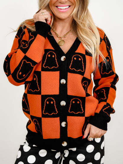 Halloween Ghost Checkered Button Down Sweater Cardigan - Freckled Poppy