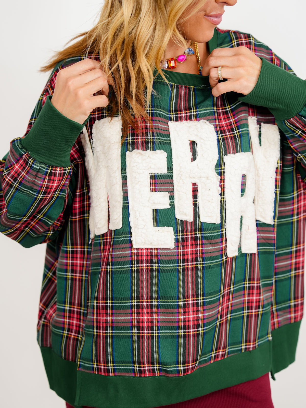 Plus/Reg Merry Sherpa Applique Plaid Long Sleeve Pullover