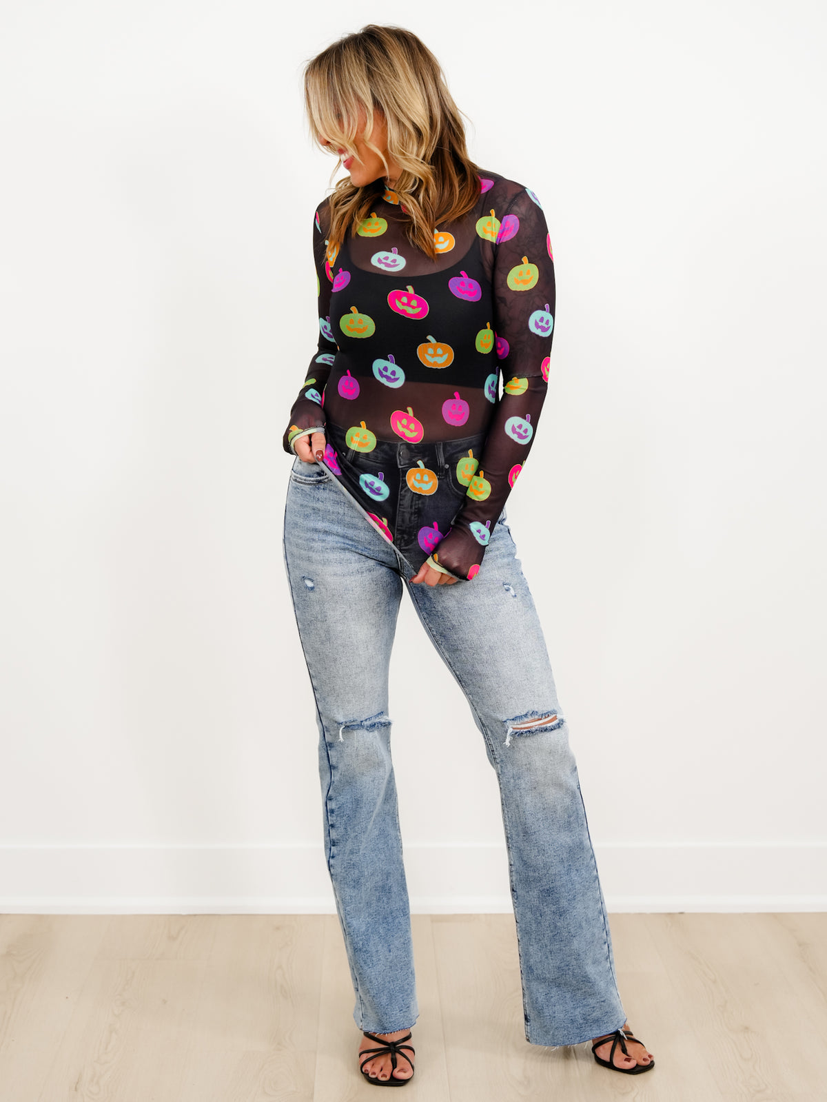 Plus/Reg Long Sleeve Colorful Pumpkins Mesh Top - Freckled Poppy