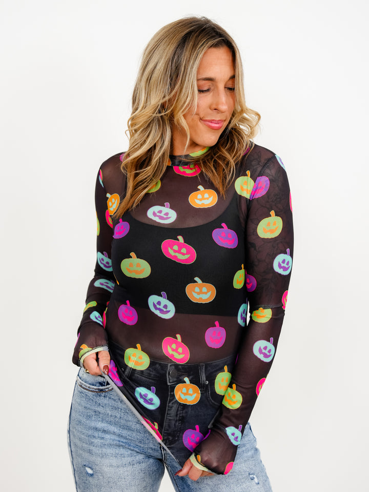 Plus/Reg Long Sleeve Colorful Pumpkins Mesh Top - Freckled Poppy