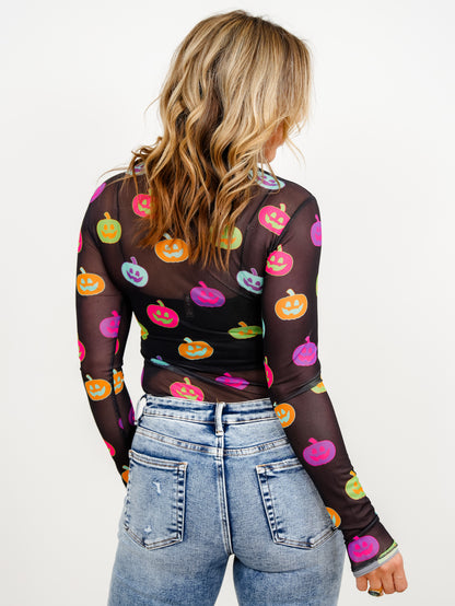 Plus/Reg Long Sleeve Colorful Pumpkins Mesh Top - Freckled Poppy