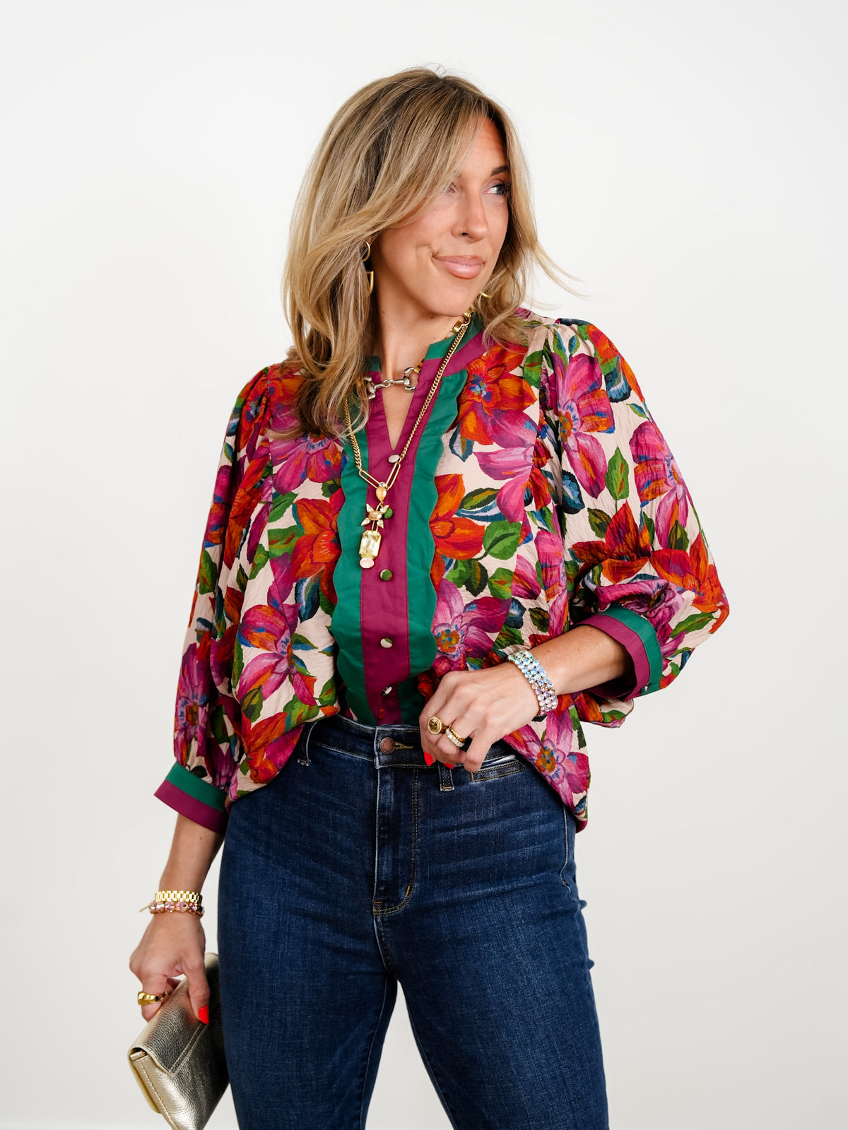 Plus/Reg Floral Printed 3/4 Sleeve Top - Freckled Poppy