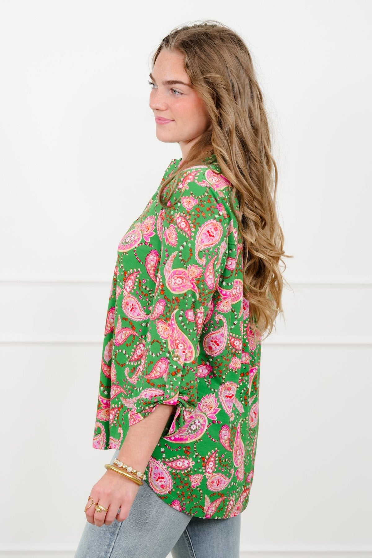 Plus/Reg Green Paisley Print Split Neck Tunic Top - Freckled Poppy