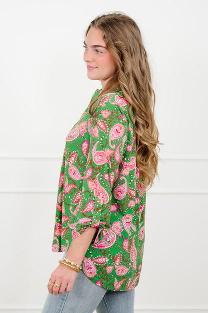 Plus/Reg Green Paisley Print Split Neck Tunic Top - Freckled Poppy