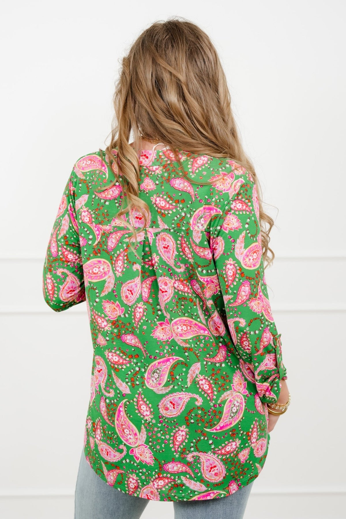 Plus/Reg Green Paisley Print Split Neck Tunic Top - Freckled Poppy