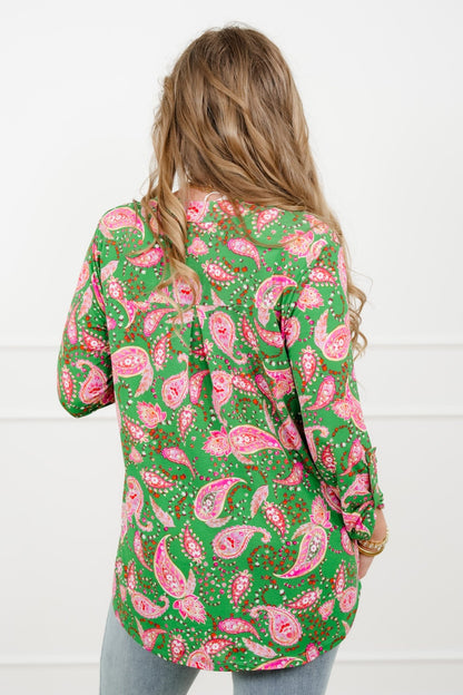 Plus/Reg Green Paisley Print Split Neck Tunic Top - Freckled Poppy