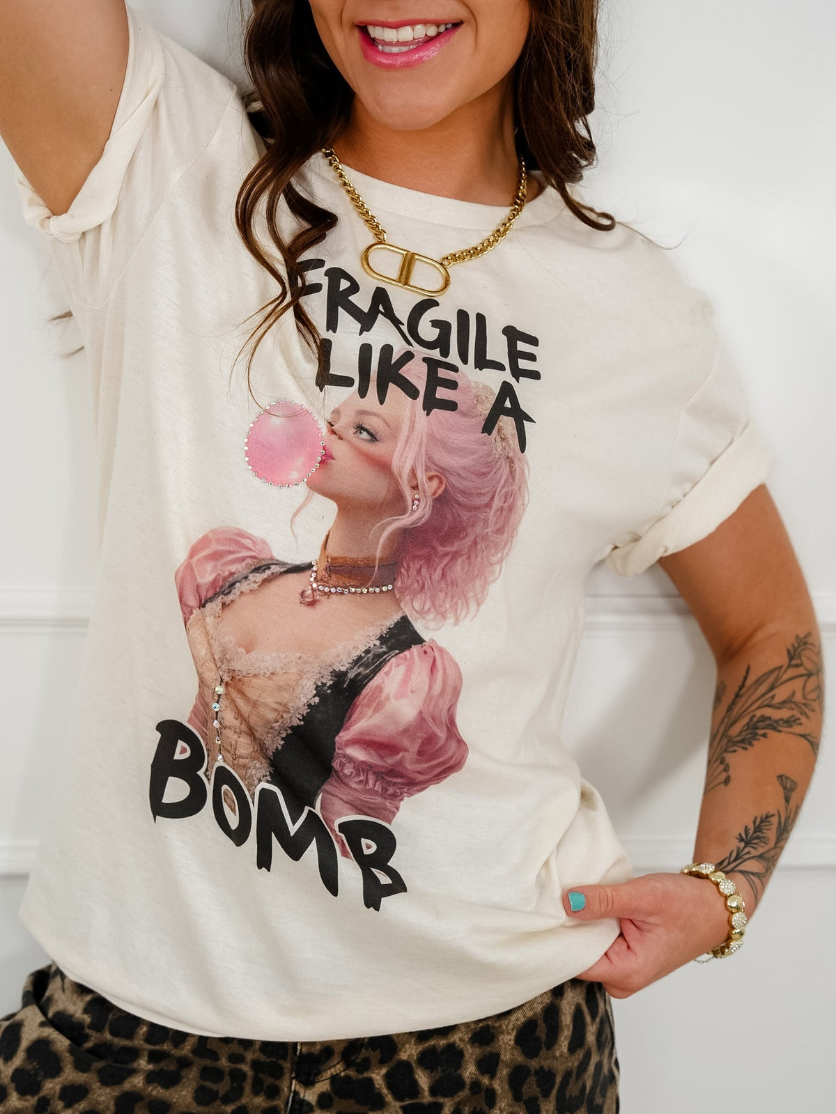 Plus/Reg Short Sleeve Fragile Like a Bomb Graphic Tee with Rhinestones - Freckled Poppy