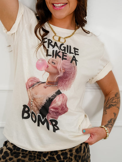 Plus/Reg Short Sleeve Fragile Like a Bomb Graphic Tee with Rhinestones - Freckled Poppy