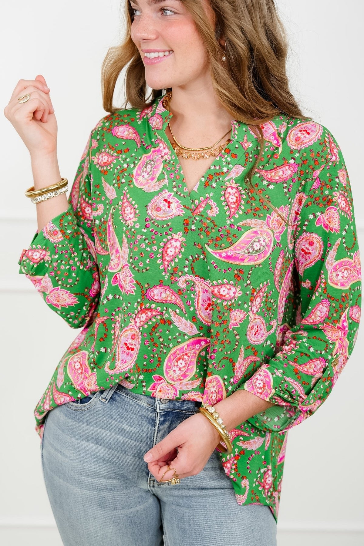 Plus/Reg Green Paisley Print Split Neck Tunic Top - Freckled Poppy