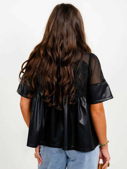 Vegan Leather and Lace Short Sleeve Baby Doll Top - Freckled Poppy