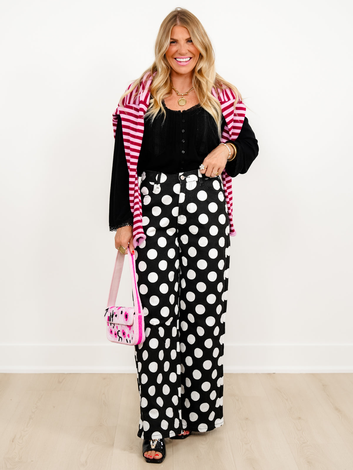 Plus/Reg Polka Dot High Waist Wide Leg Pants - Freckled Poppy