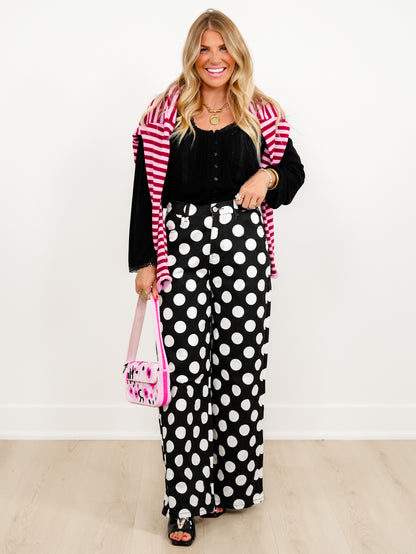 Plus/Reg Polka Dot High Waist Wide Leg Pants - Freckled Poppy