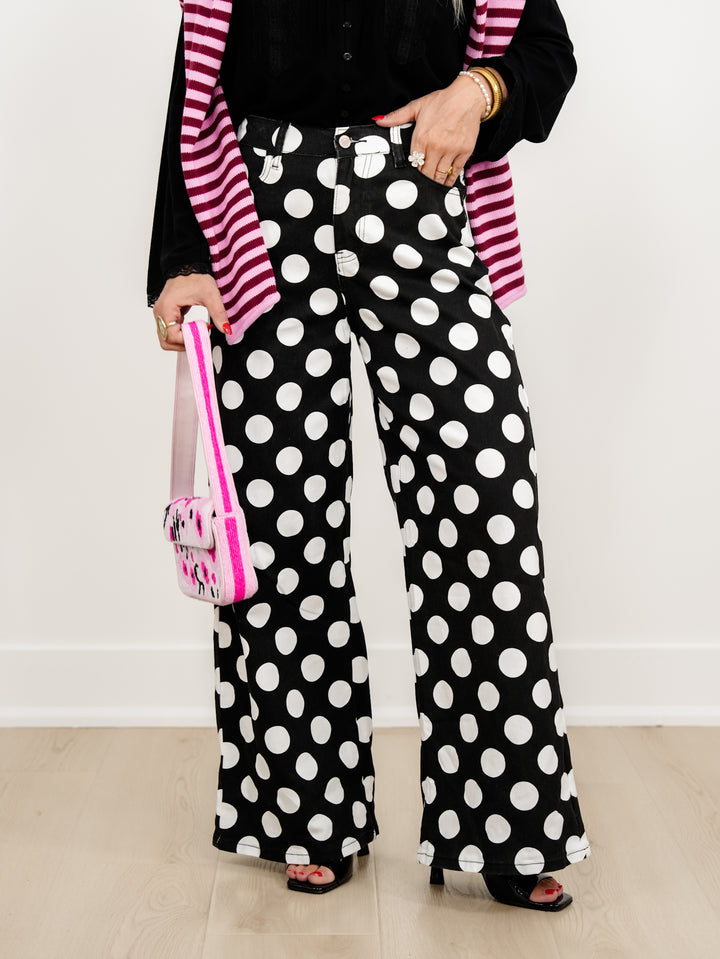 Plus/Reg Polka Dot High Waist Wide Leg Pants - Freckled Poppy