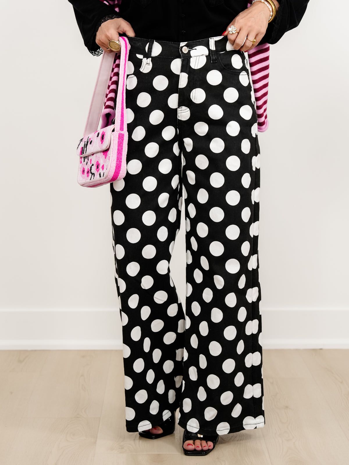 Plus/Reg Polka Dot High Waist Wide Leg Pants - Freckled Poppy