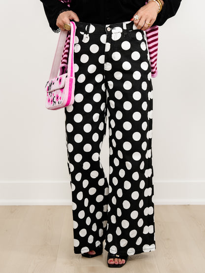 Plus/Reg Polka Dot High Waist Wide Leg Pants - Freckled Poppy