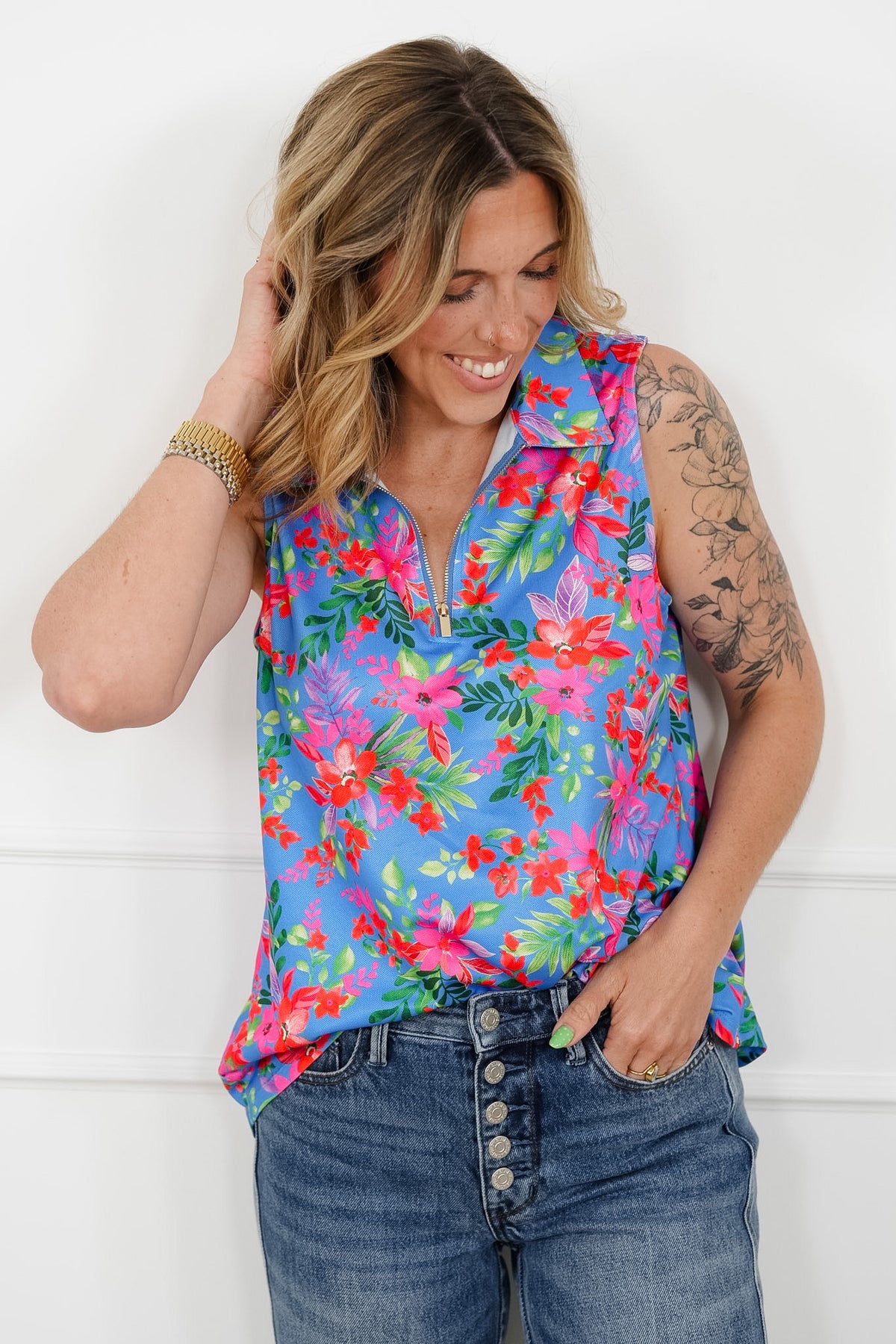 Plus/Reg Blue Floral Sleeveless 1/4 Zip Top - Freckled Poppy