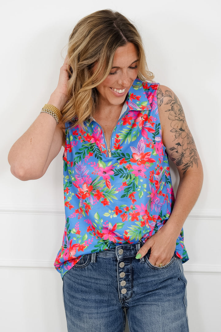 Plus/Reg Blue Floral Sleeveless 1/4 Zip Top - Freckled Poppy